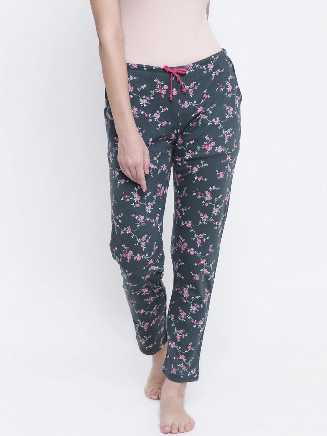 Kanvin Women Olive Green & Pink Printed Pure Cotton Lounge Pants Price in India