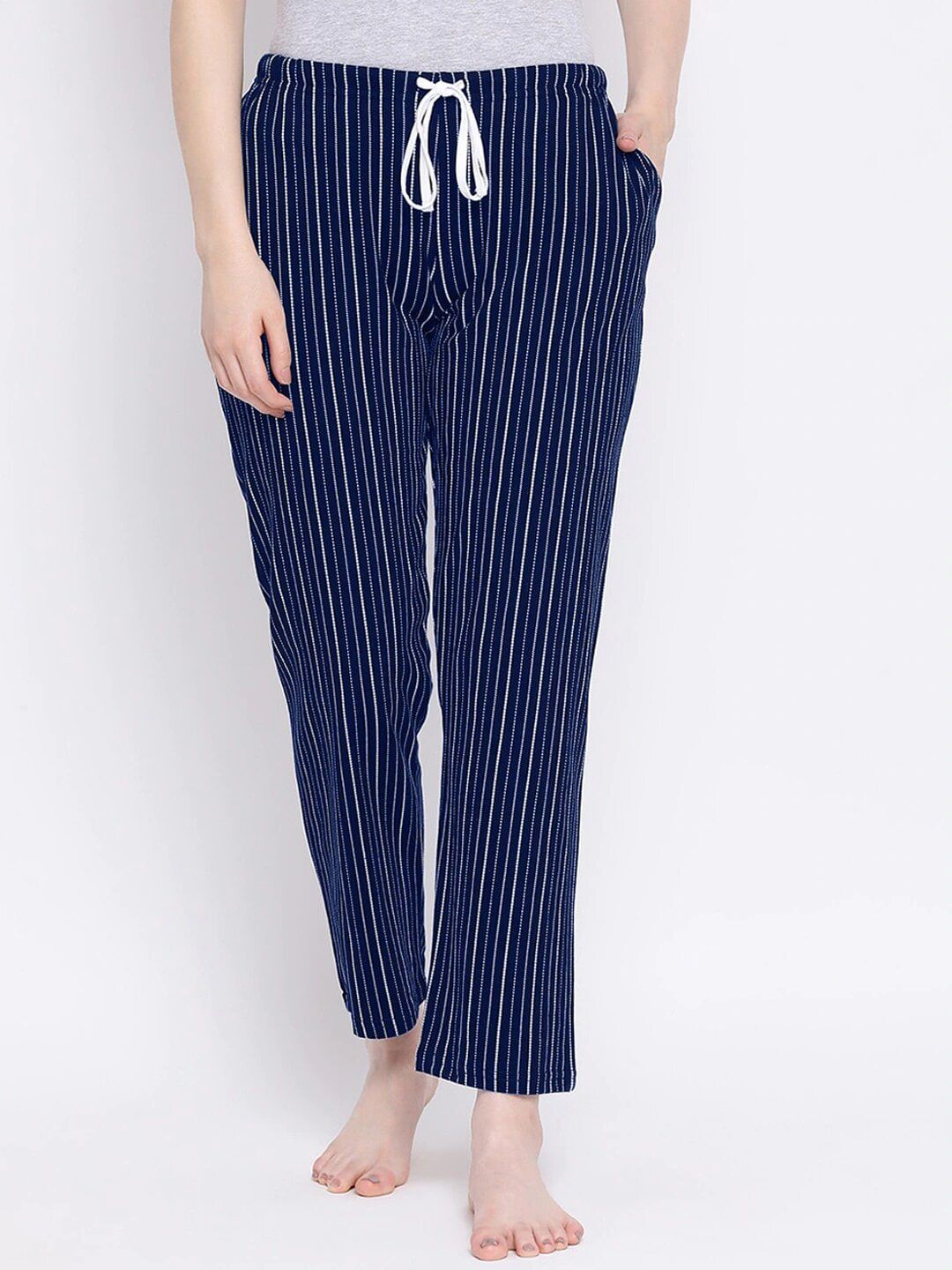 Kanvin Woman Navy Blue & White Striped Pure Cotton Lounge Pants Price in India