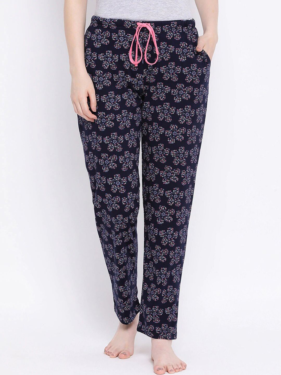 Kanvin Women Navy Blue & Pink Printed Pure Cotton Lounge Pants Price in India