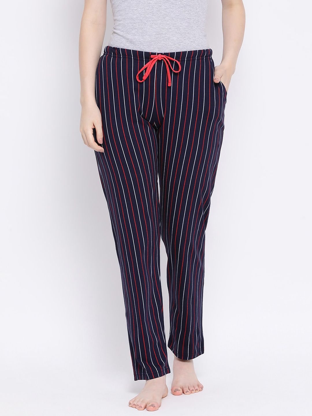 Kanvin Women Navy Blue & Red Striped Cotton Lounge Pants Price in India