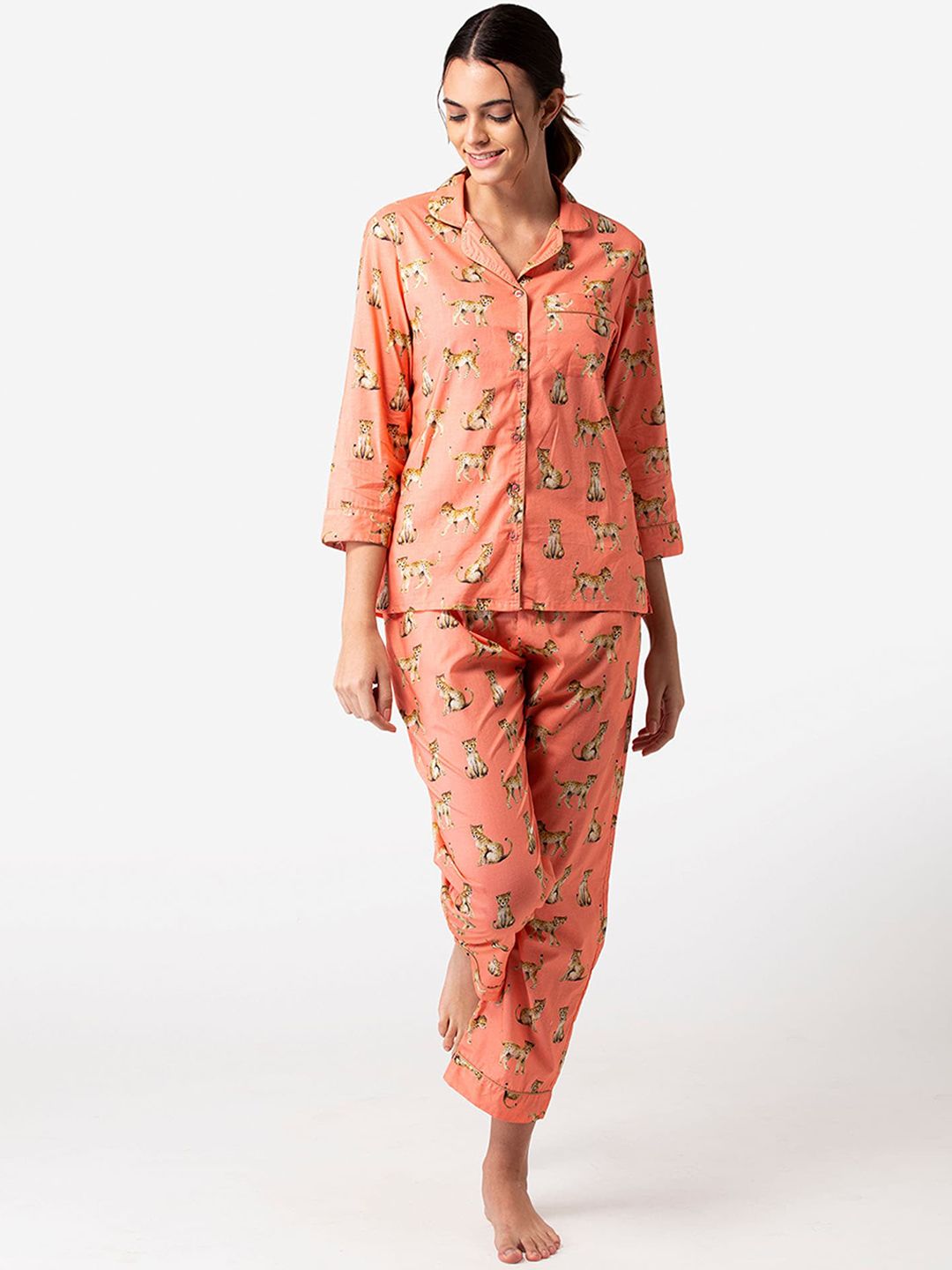 Bellofox Women Peach-Coloured & Beige Printed Pure Cotton Night suit Price in India