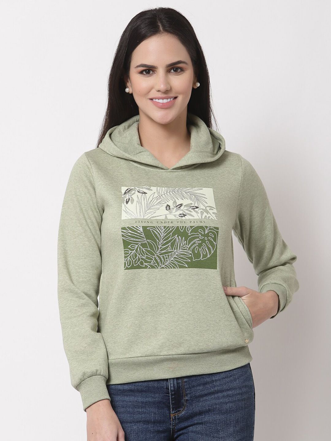Juelle Women Green Printed Hooded Sweatshirt