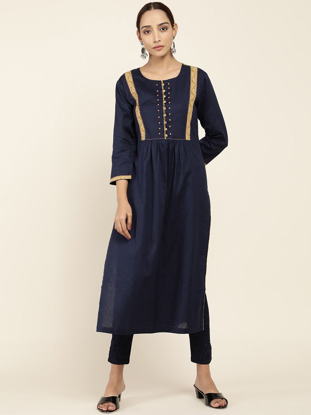 Soch Women Navy Blue & Beige Geometric Yoke Design Anarkali Kurta Price in India