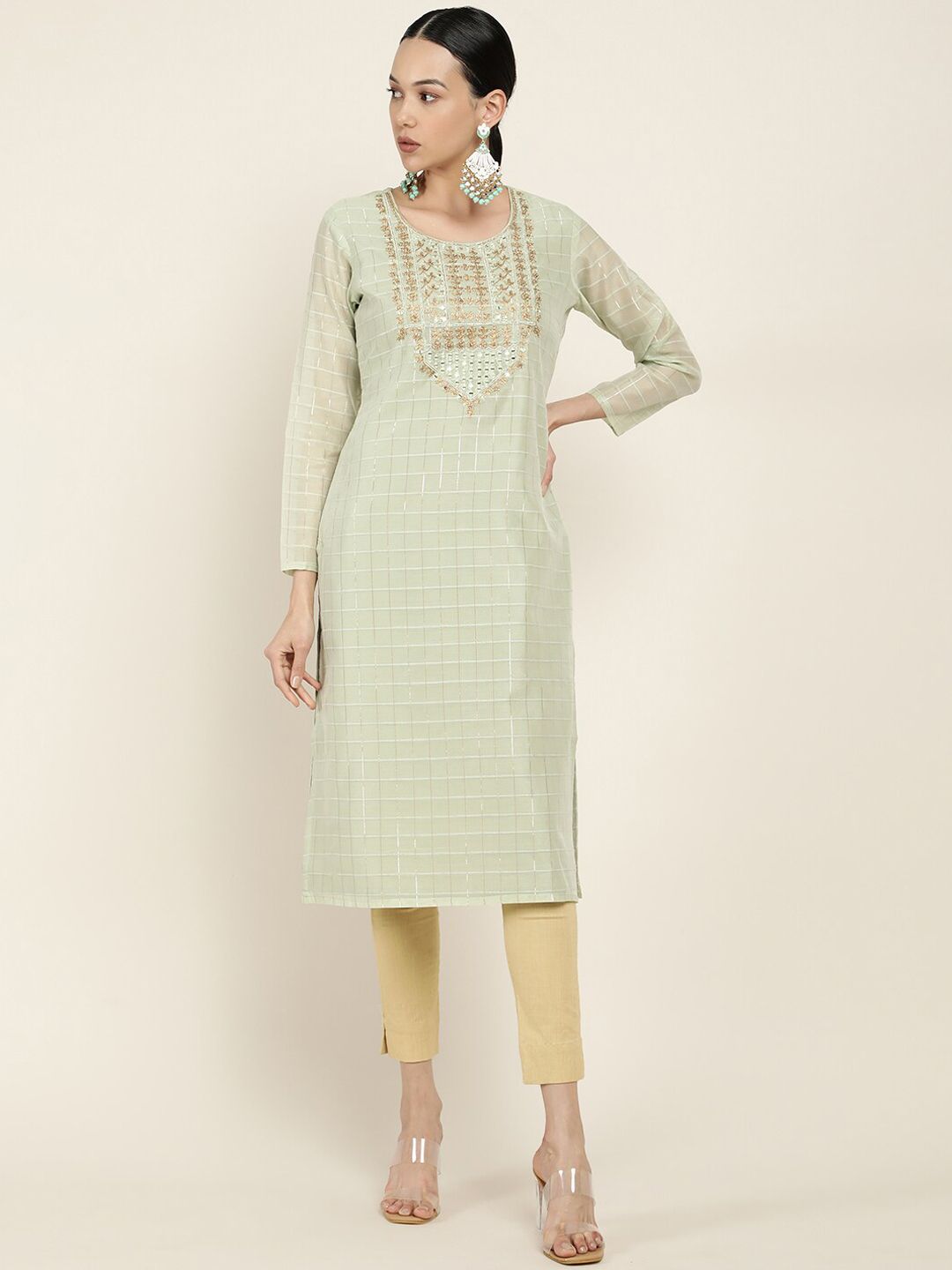 Soch Women Green Checked Straight Kurta Price in India