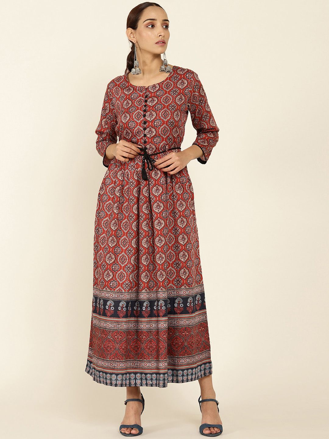 Soch Women Rust & Beige Ethnic Motifs Printed Pure Cotton A-Line Kurta Price in India