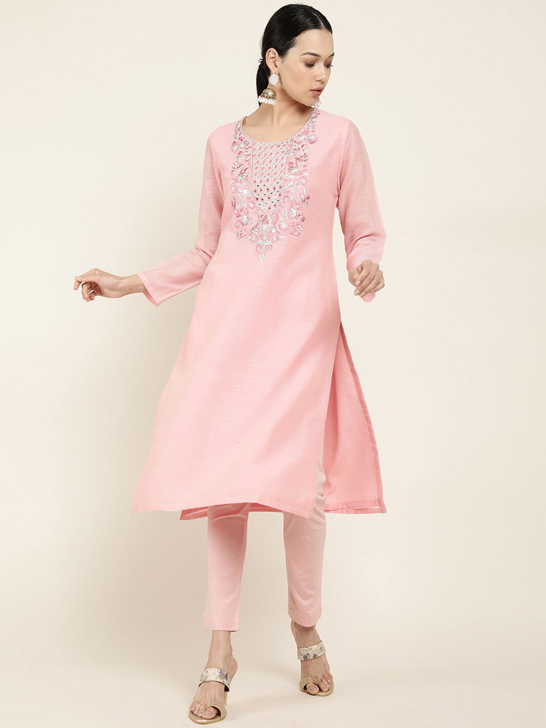 Soch Women Pink Yoke Design Thread Work Kurta Price in India