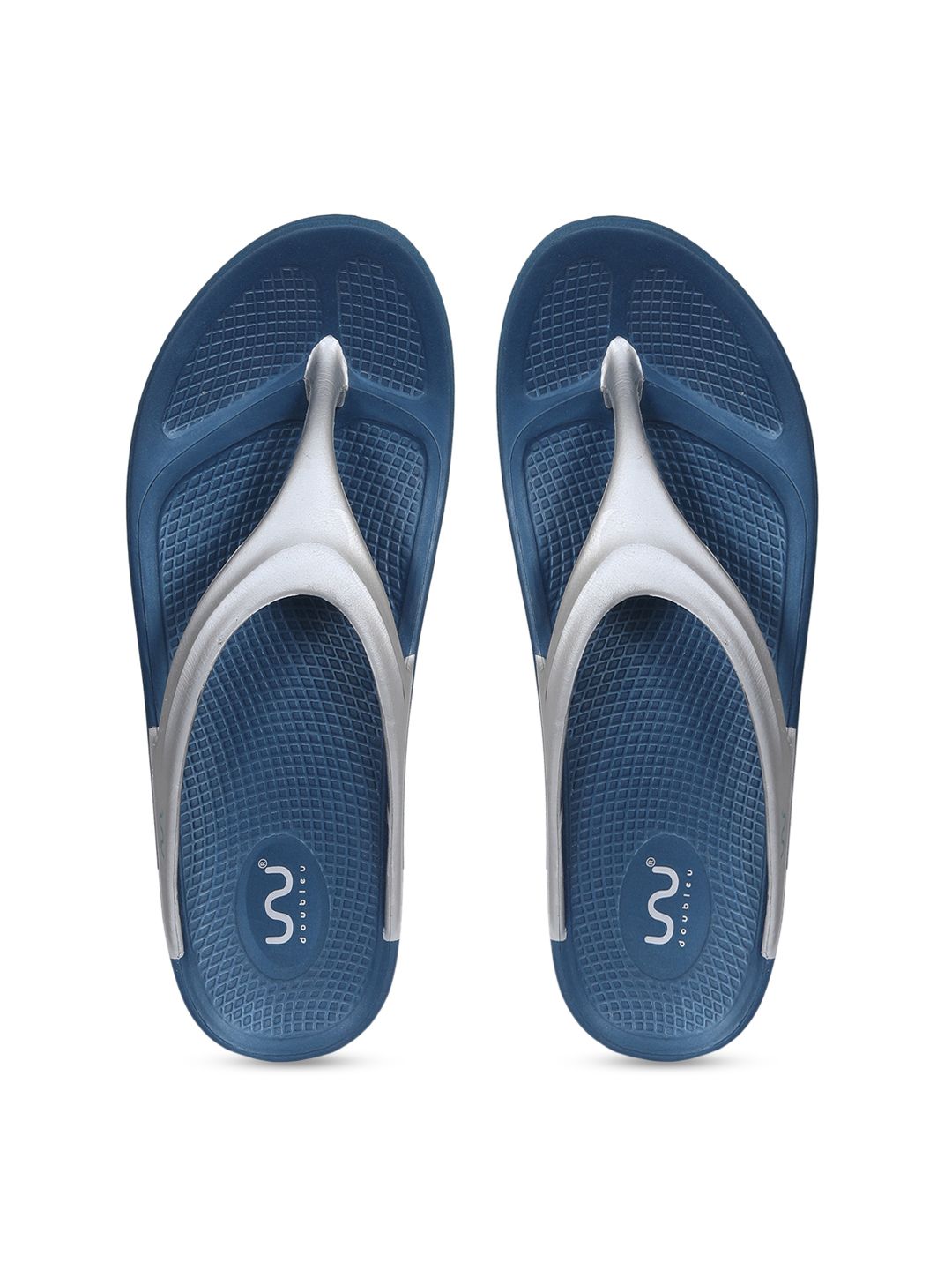 Doubleu Women Blue & Silver-Toned Rubber Thong Flip-Flops Price in India