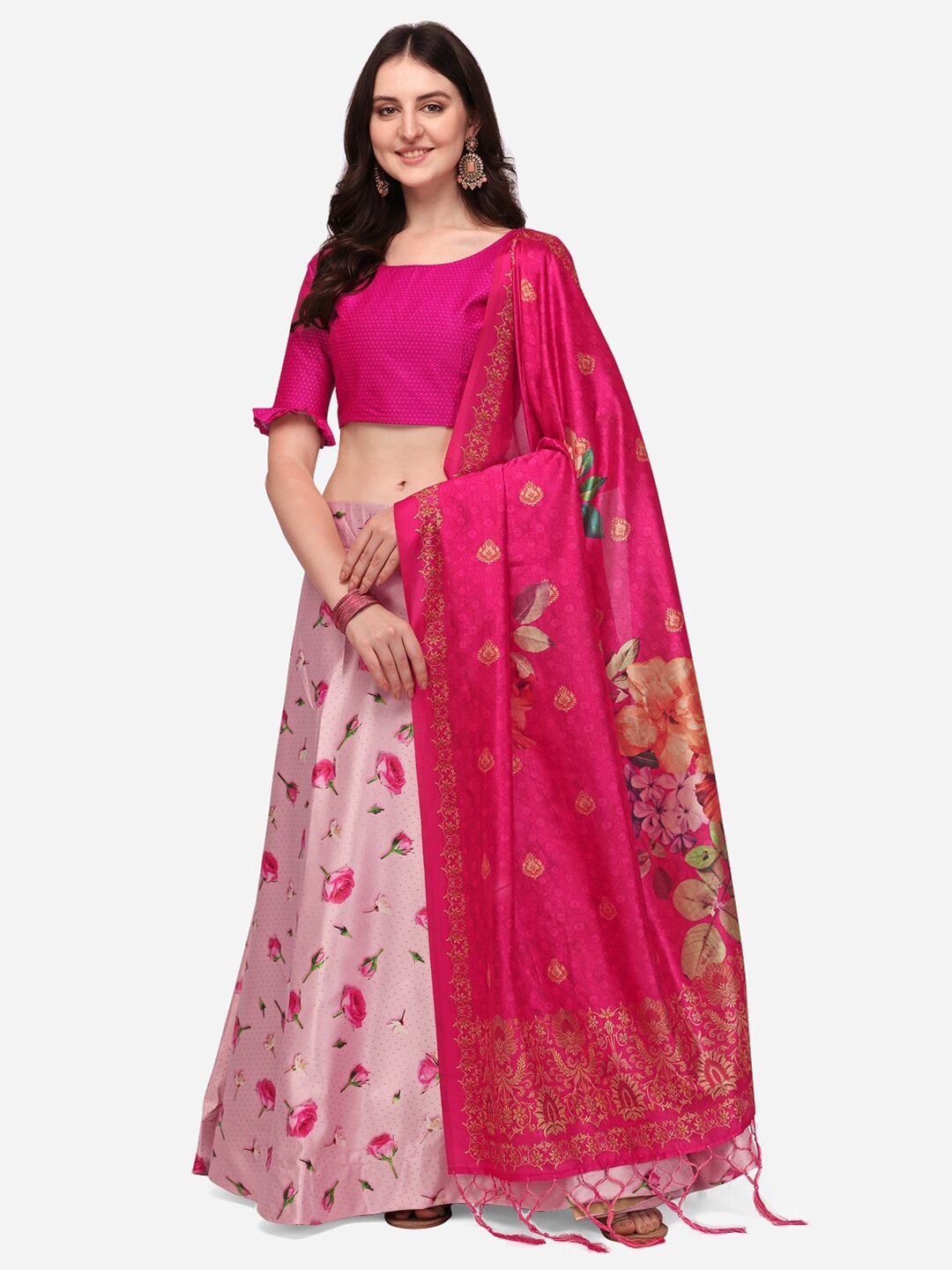 Mitera Pink & Gold-Toned Printed Semi-Stitched Lehenga & Unstitched Blouse With Dupatta Price in India