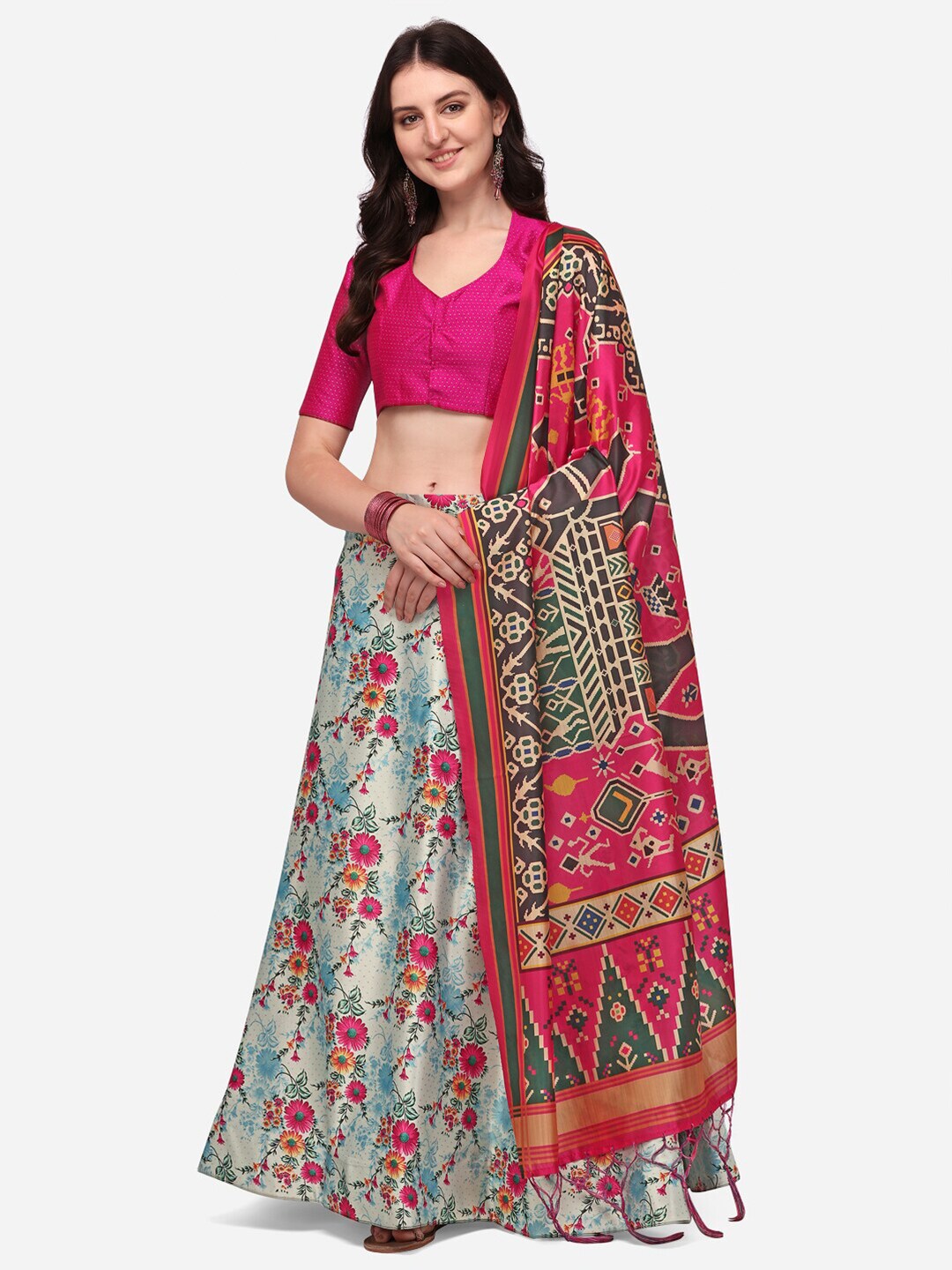 Mitera Blue & Red Semi-Stitched Lehenga & Unstitched Blouse With Dupatta Price in India