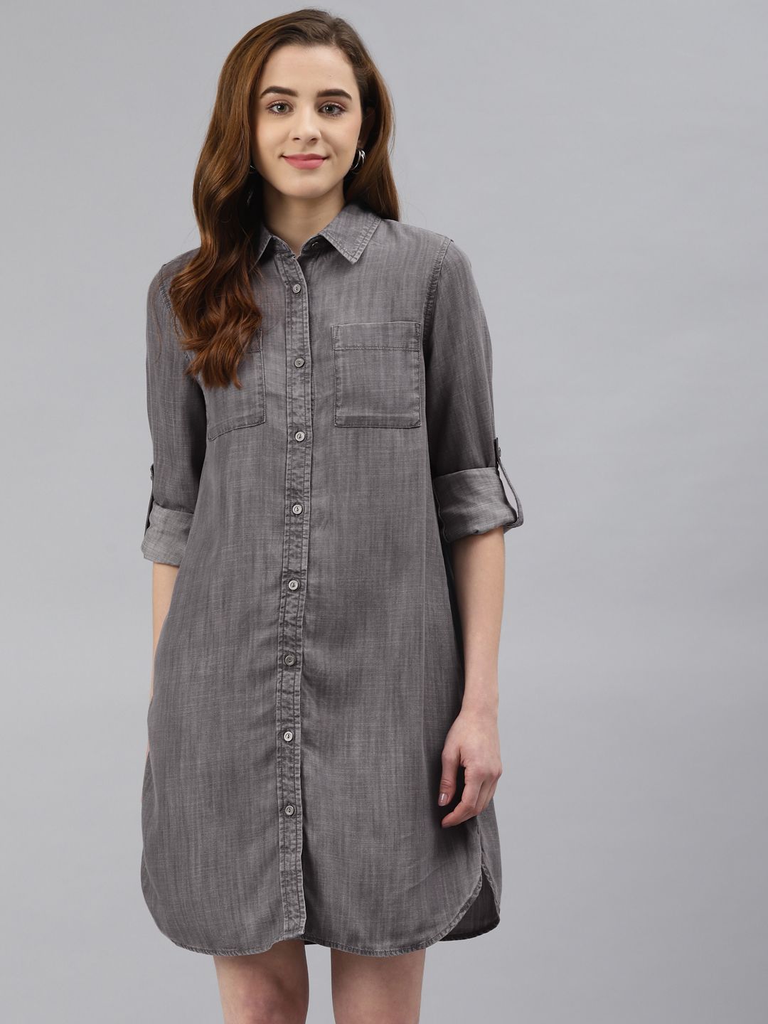 Marks & Spencer Grey Solid Shirt Collared  A-Line Dress Price in India