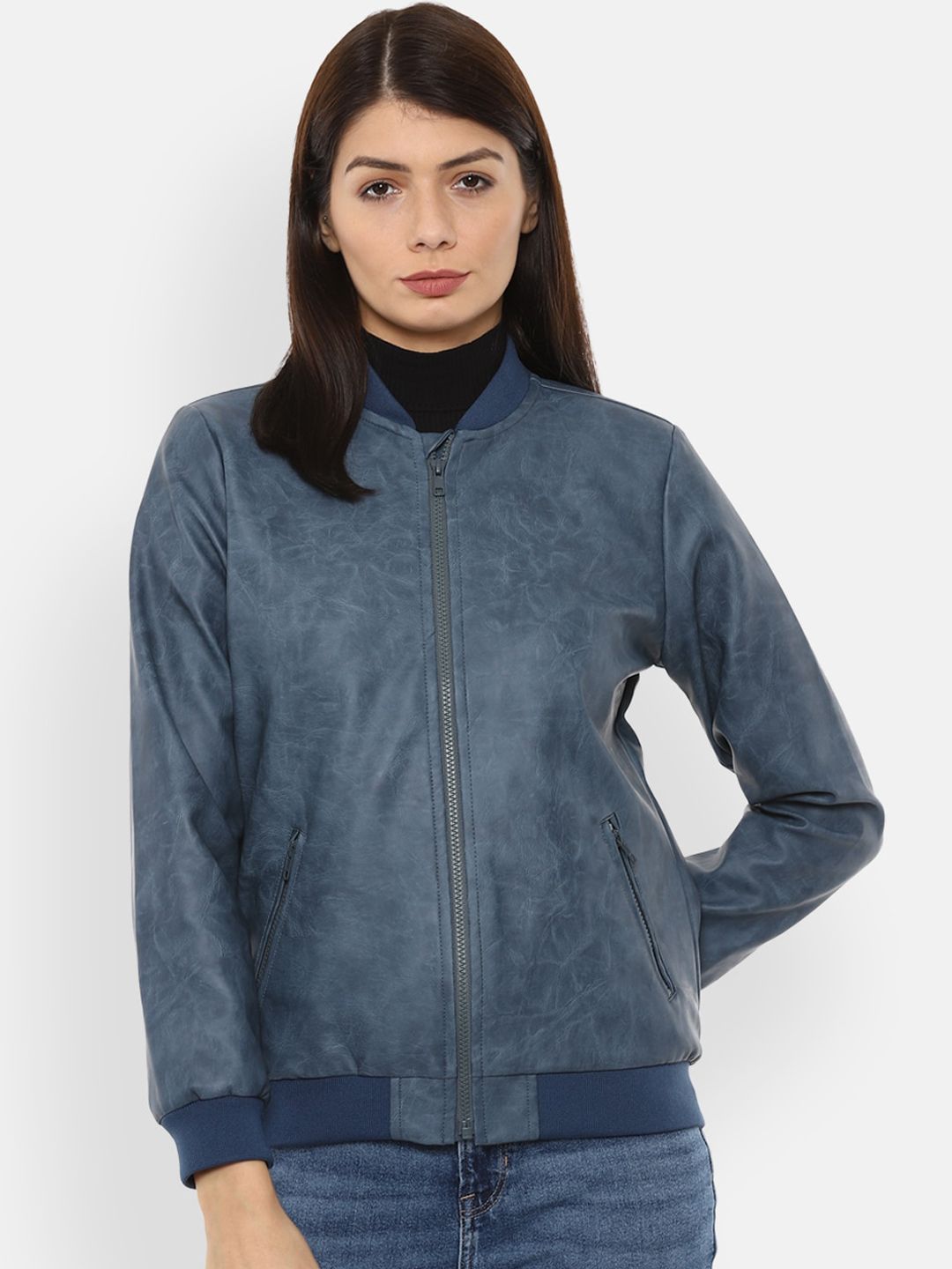 Van Heusen Woman Women Blue Solid Bomber Jacket Price in India