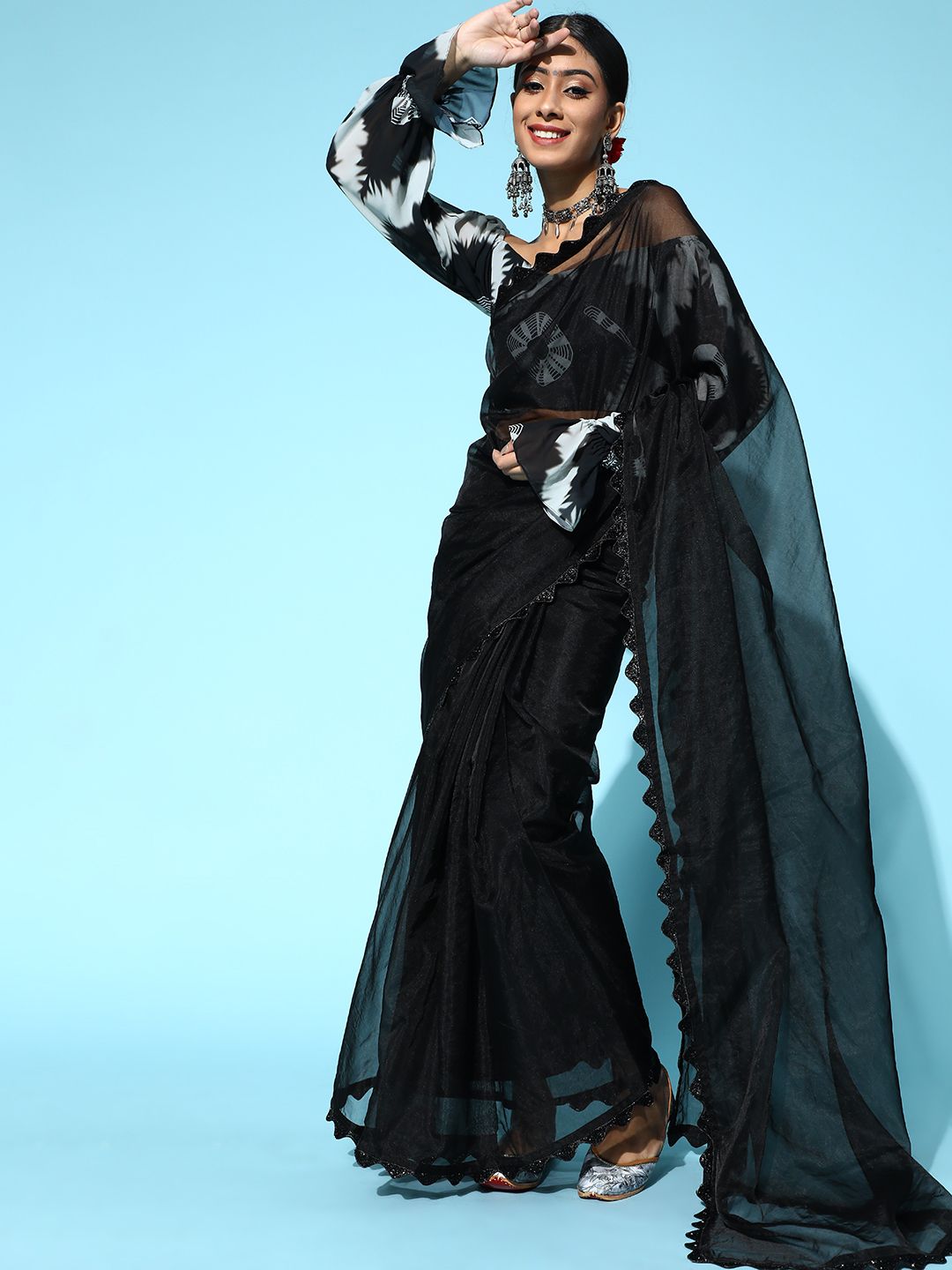 Inddus Black Solid Organza Saree with Tie & Dye Blouse