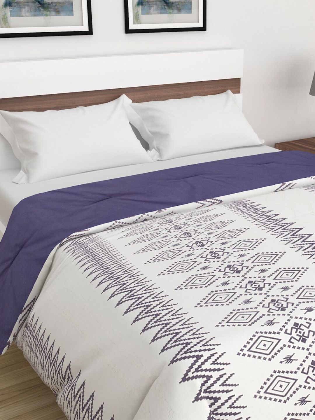 Home Centre White & Blue Geometric Summer 150 GSM Cotton Double Bed Comforter Price in India
