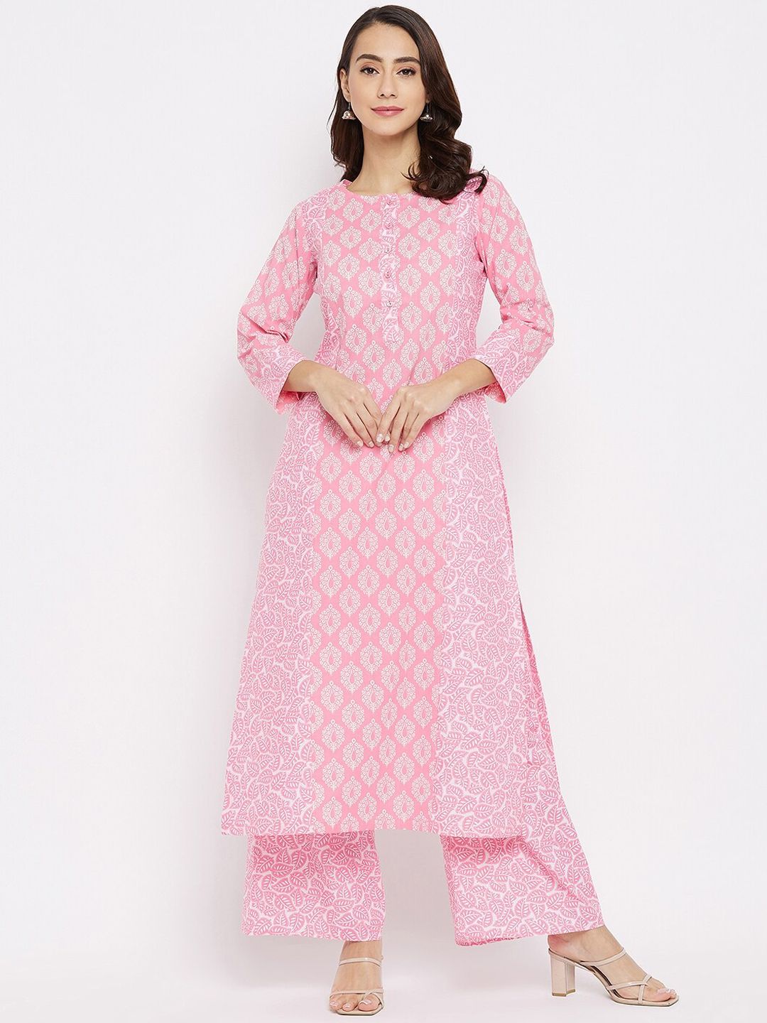 Tissu Women Pink Floral Printed Pure Cotton Kurta with Palazzos Price in India