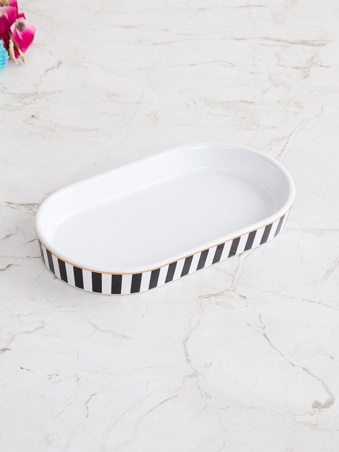 Home Centre White & Black Charlie Andrey Striped Ceramic Tray Price in India