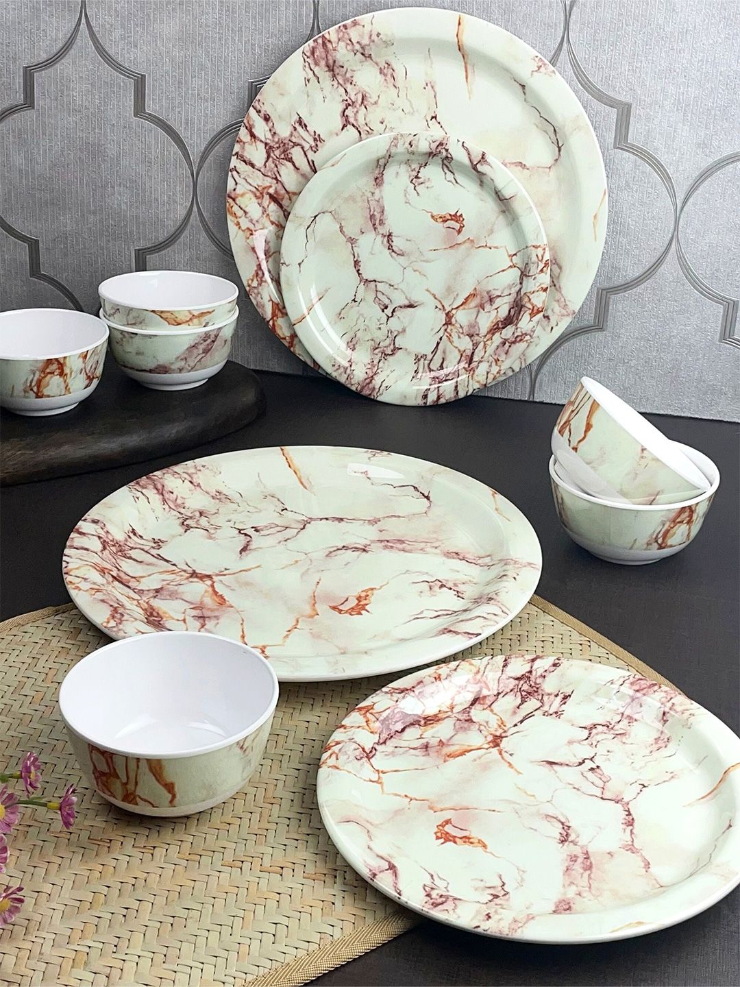 LIVING ROOTS Off White & Red 12 Pieces Floral Printed Melamine Glossy Dinner Set Price in India