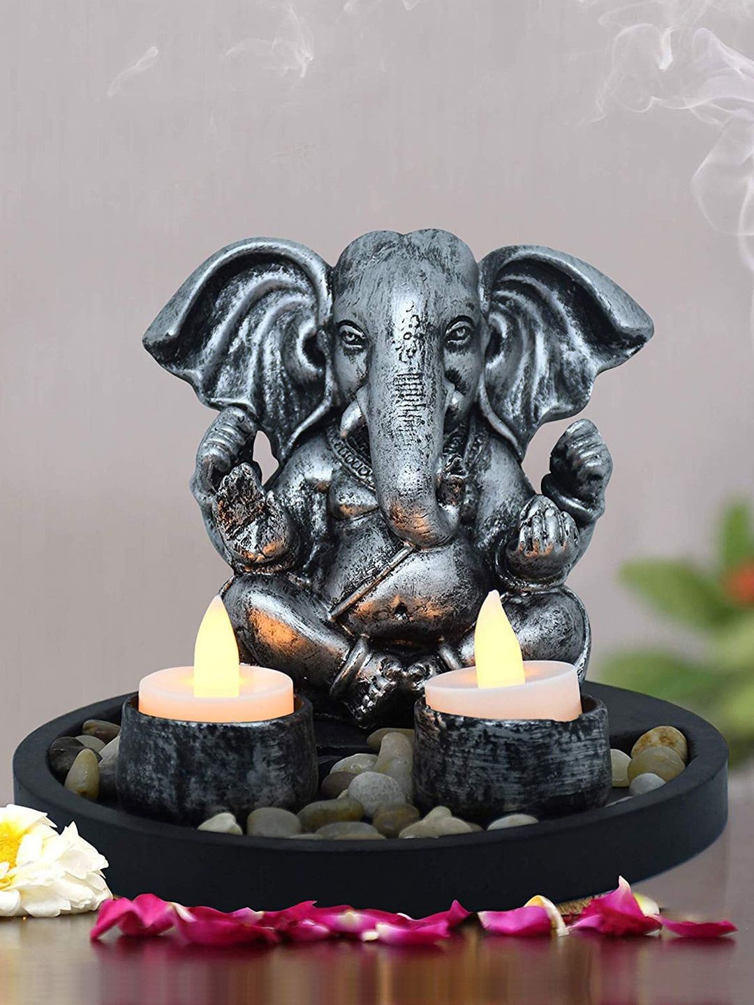 TIED RIBBONS Grey & Black Decorative Ganesh Idol With Tray Statue Showpiece Price in India