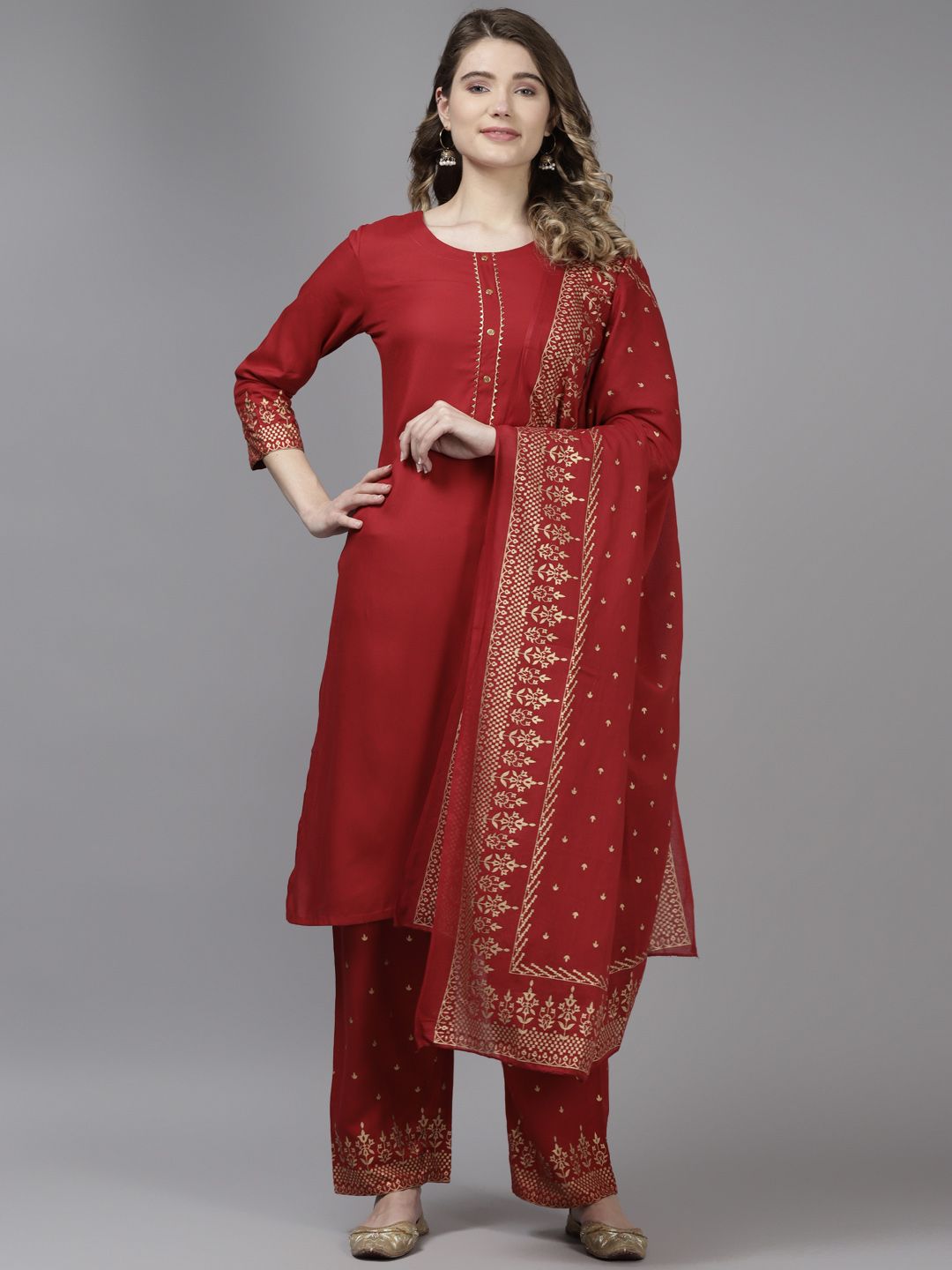 ANAISA Women Maroon & Gold-Toned Kurta with Palazzos &  Dupatta Price in India