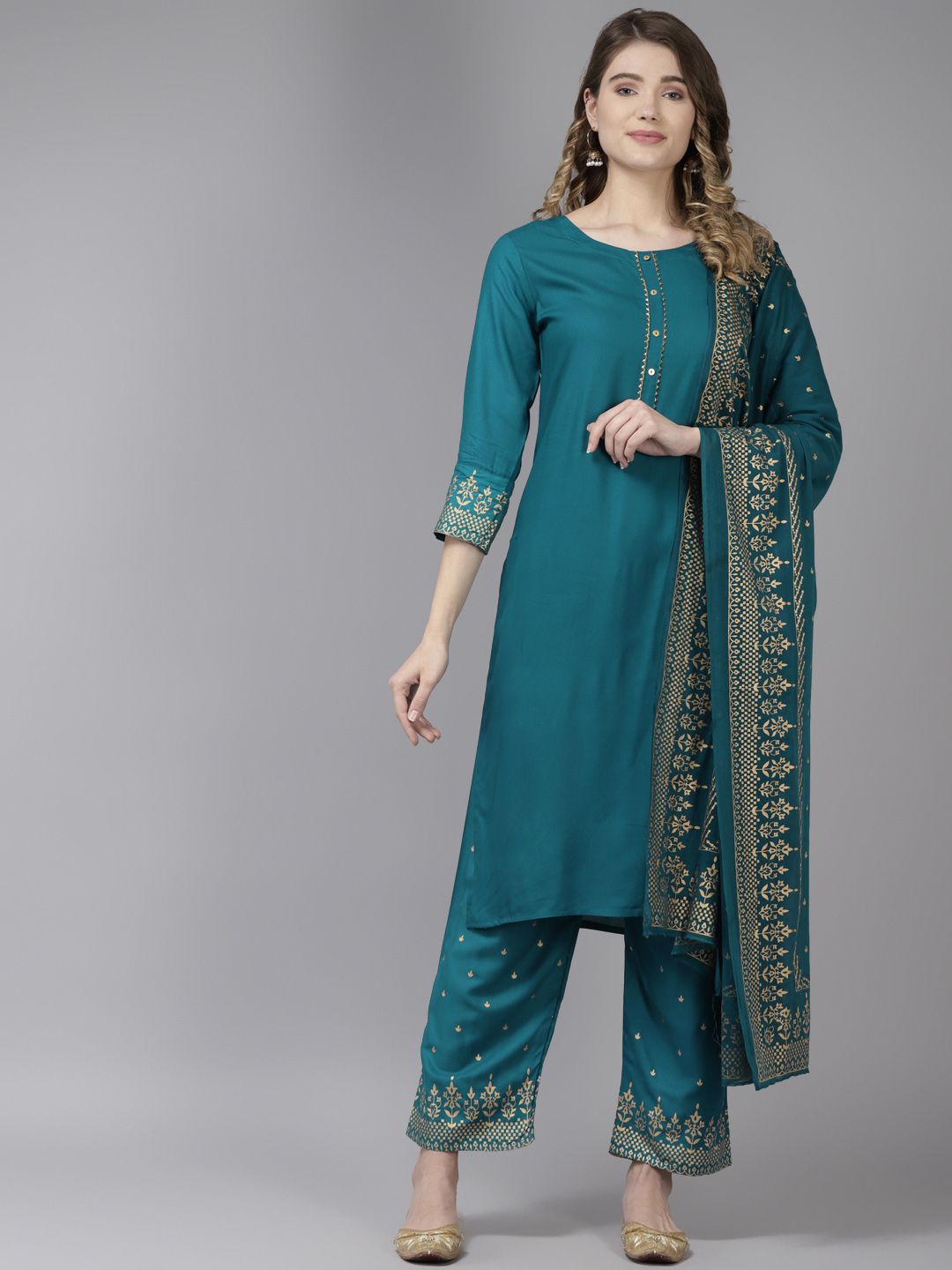 ANAISA Women Blue & Gold-Toned Kurta with Palazzos & Dupatta Price in India