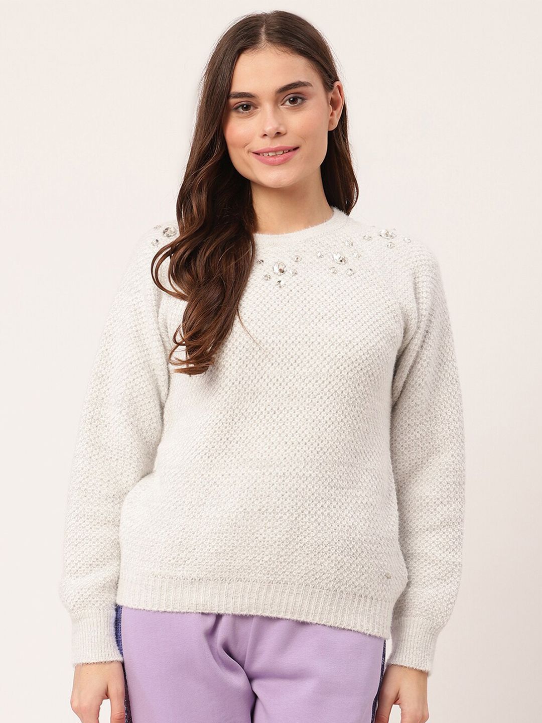 ELLE Women Grey Embroidered Pure Cotton Pullover Price in India