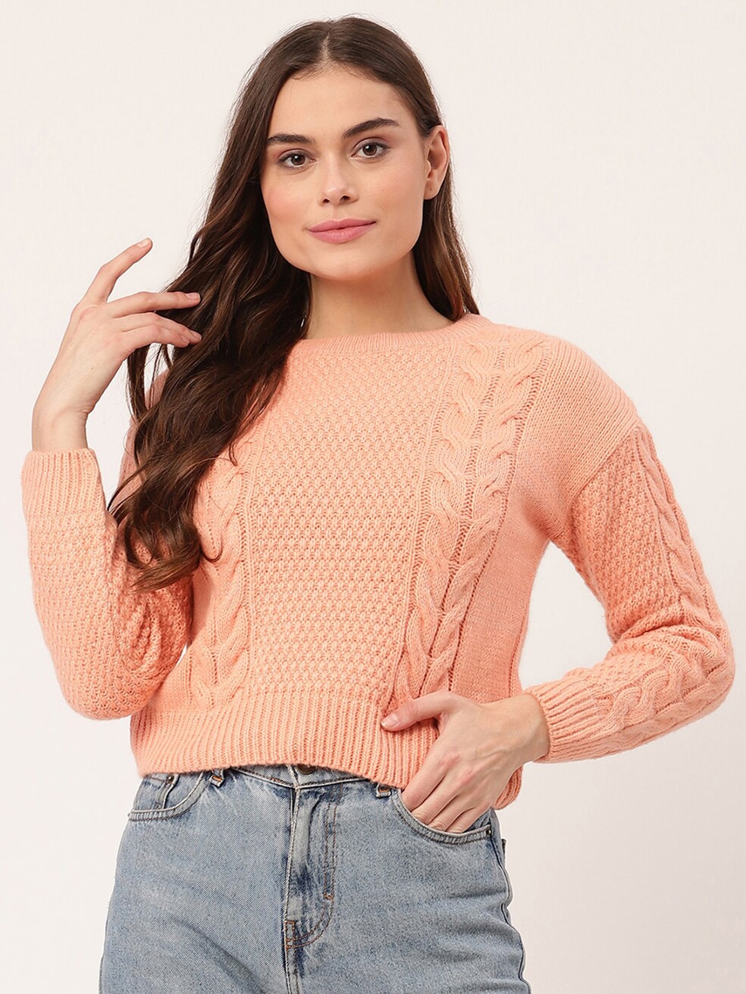 ELLE Women Coral Cable Knit Pure Cotton Pullover Price in India