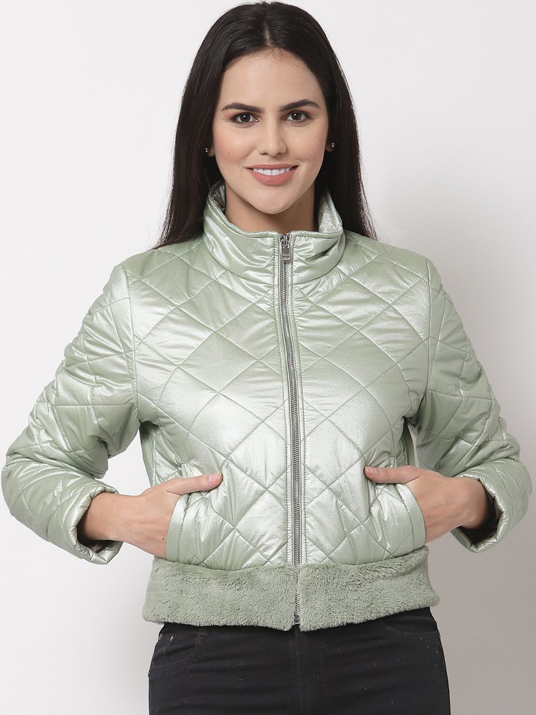 Juelle Women Green Crop Quilted Jacket Price in India