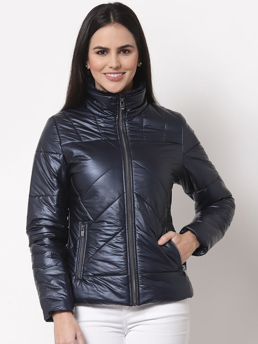 Juelle Women Navy Blue Padded Jacket Price in India