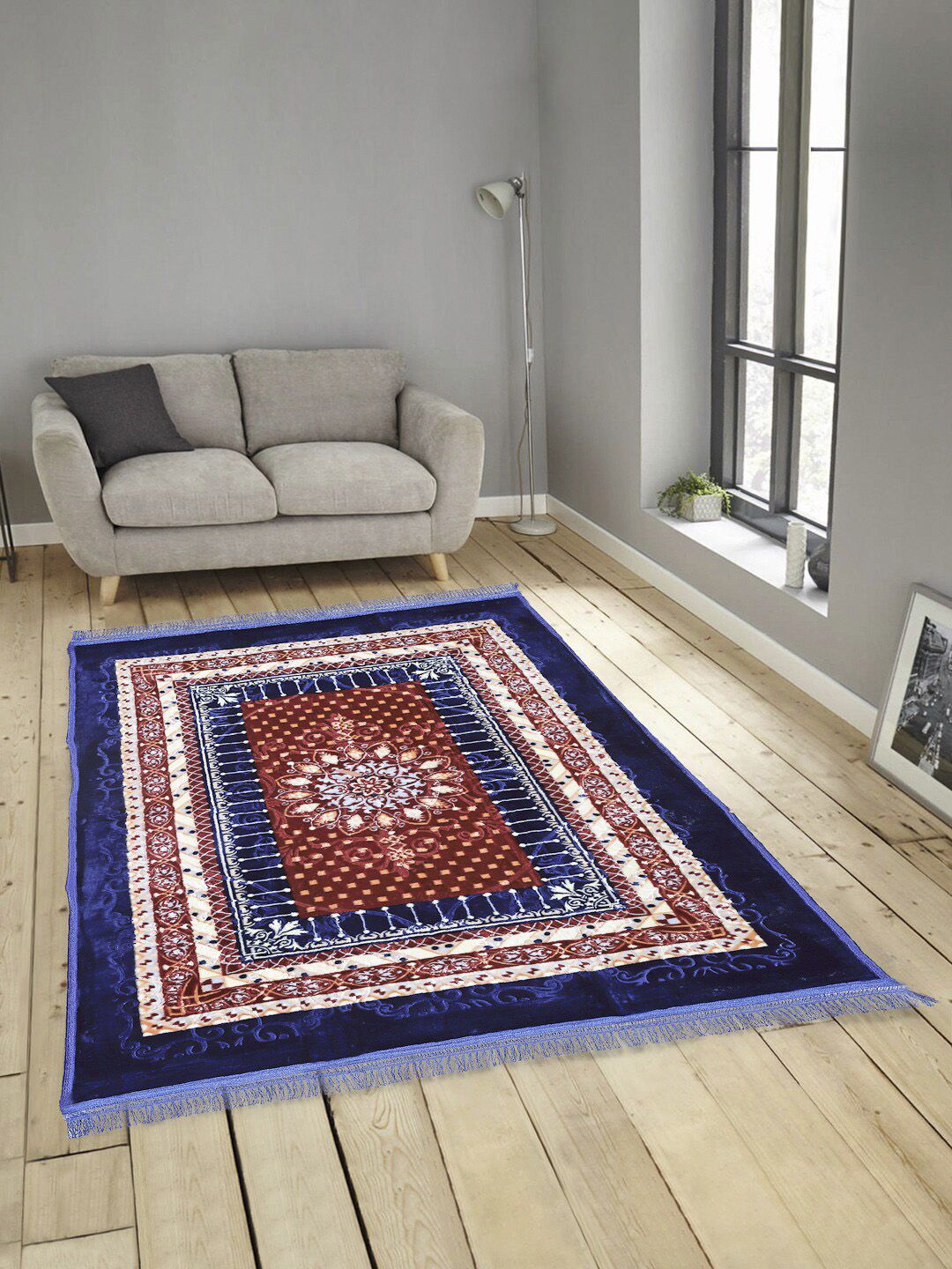 KLOTTHE Blue & Maroon Floral Printed Woollen Handmade Traditional Carpet Price in India