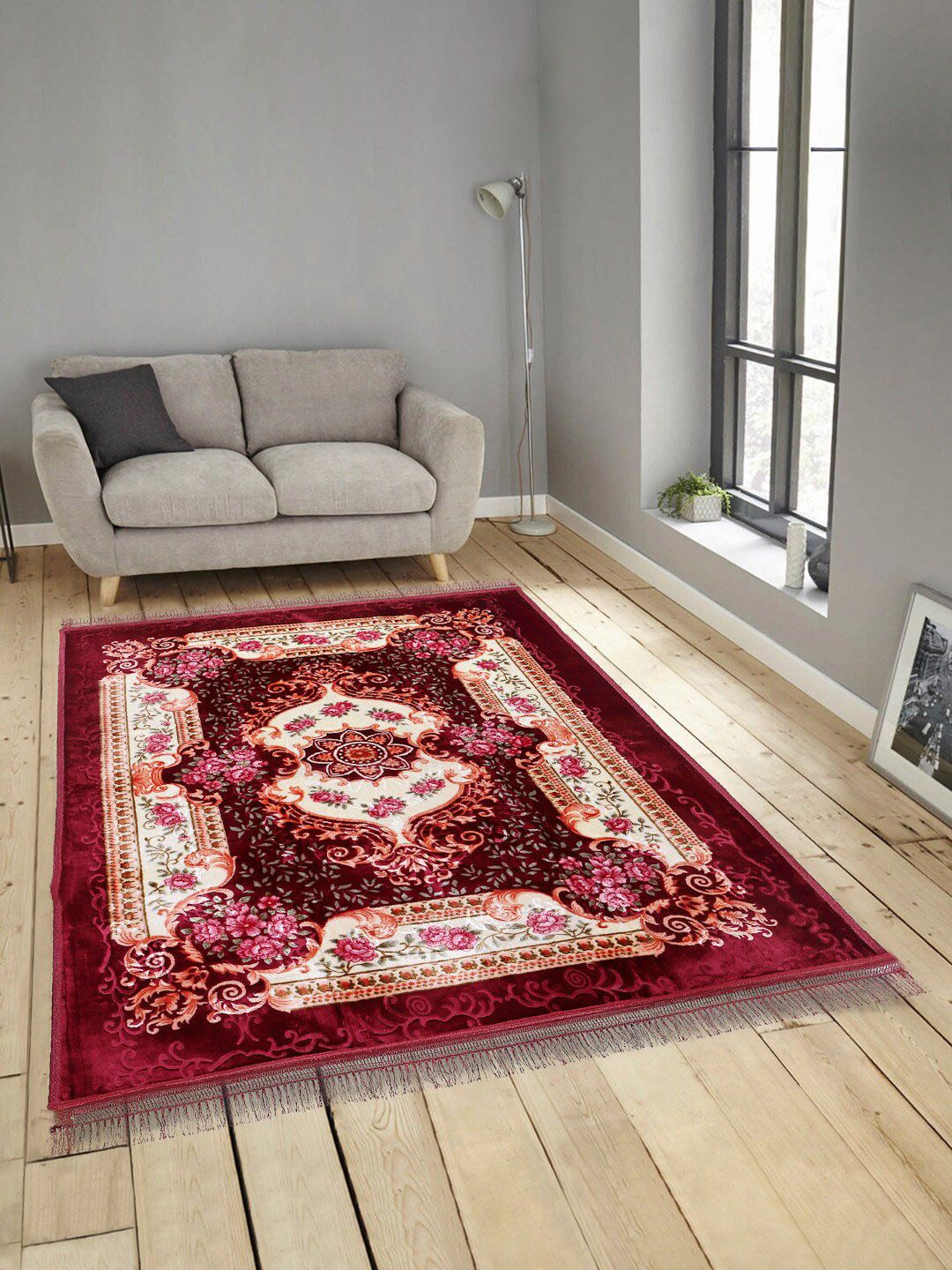 KLOTTHE Unisex Red & Cream-Coloured Floral Printed Traditional Carpets Price in India