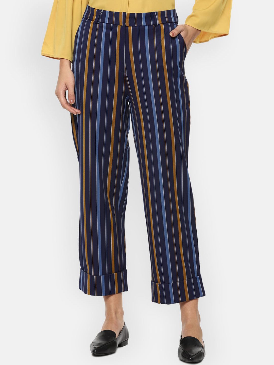 Van Heusen Woman Women Navy Blue Striped Trousers Price in India