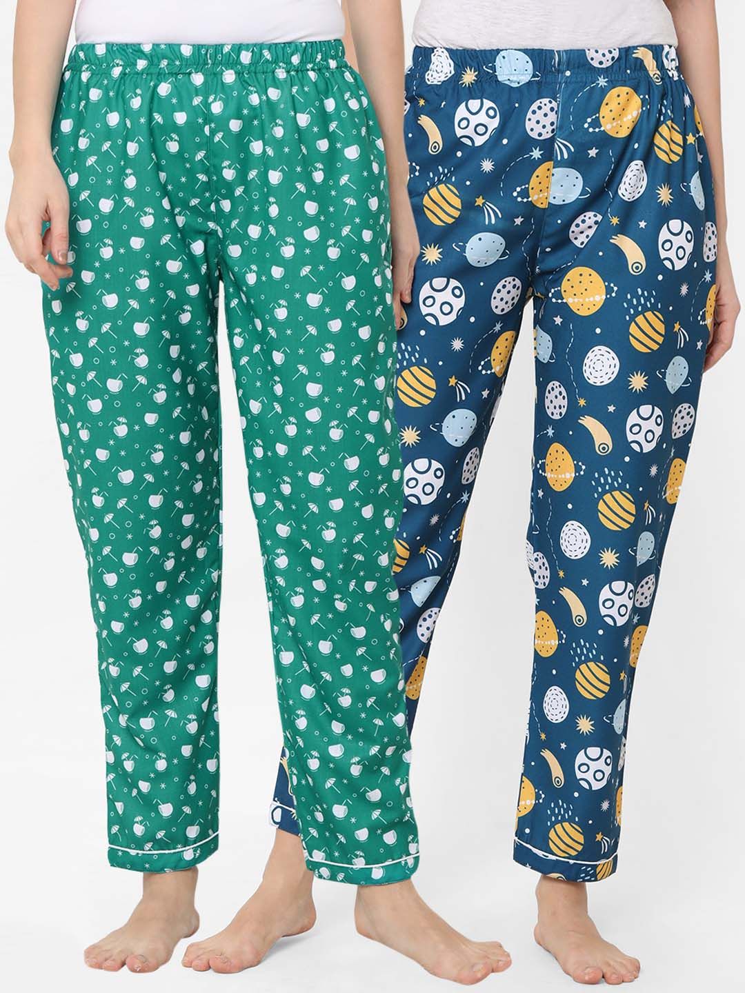 FashionRack Women Green & Navy Blue Pack of 2 Cotton Printed Pyjamas Price in India