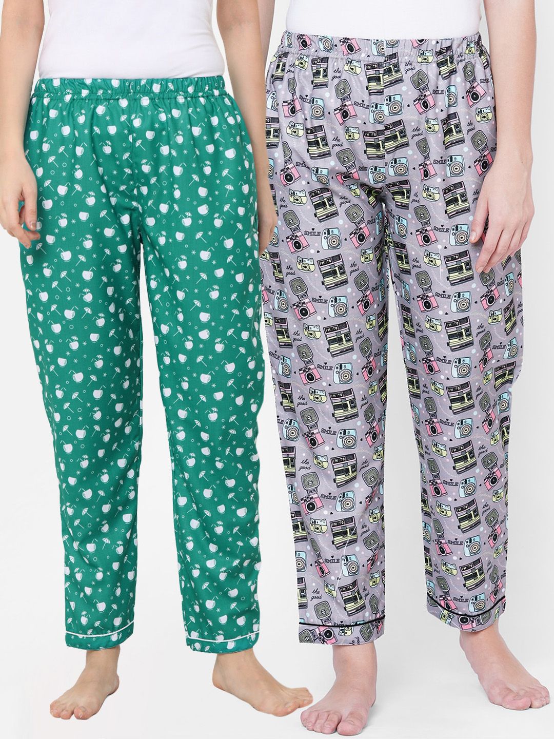 FashionRack Pack of 2 Women Green & Grey Printed Lounge Pants Price in India