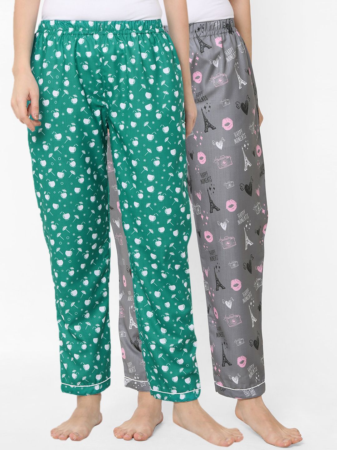 FashionRack Women Green & Grey Pack of 2 Cotton Printed Pyjamas Price in India