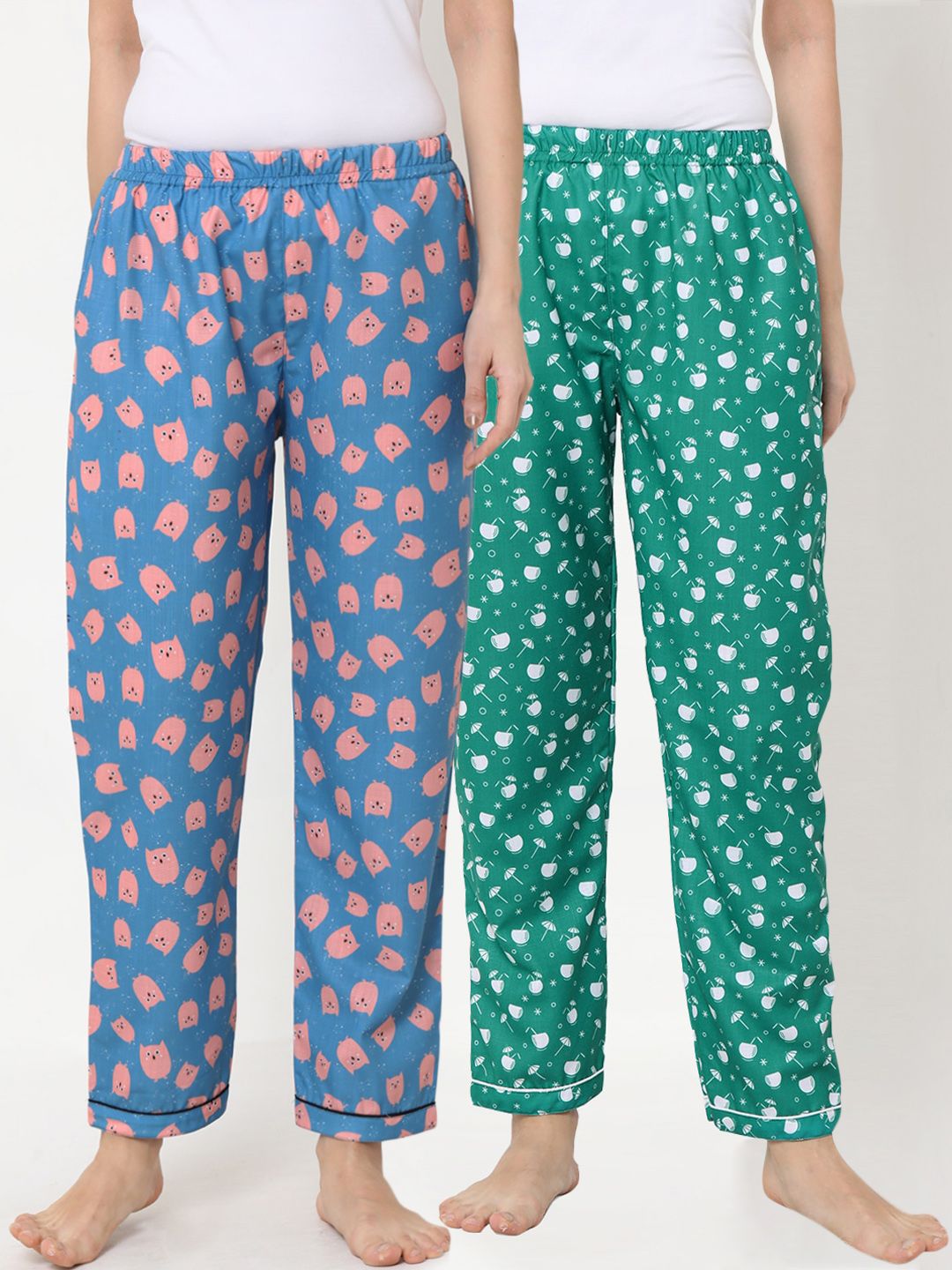 FashionRack Women Green & Blue Pack of 2 Cotton Printed Pyjamas Price in India