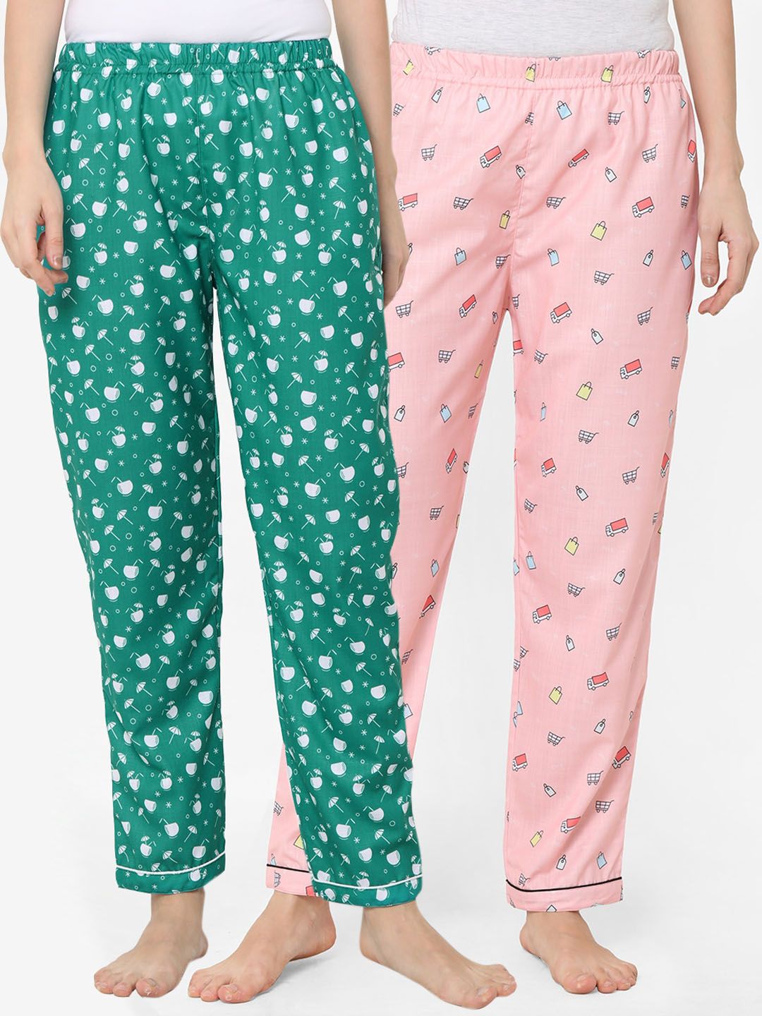 FashionRack Pack of 2 Women Green & Pink Printed Lounge Pants Price in India