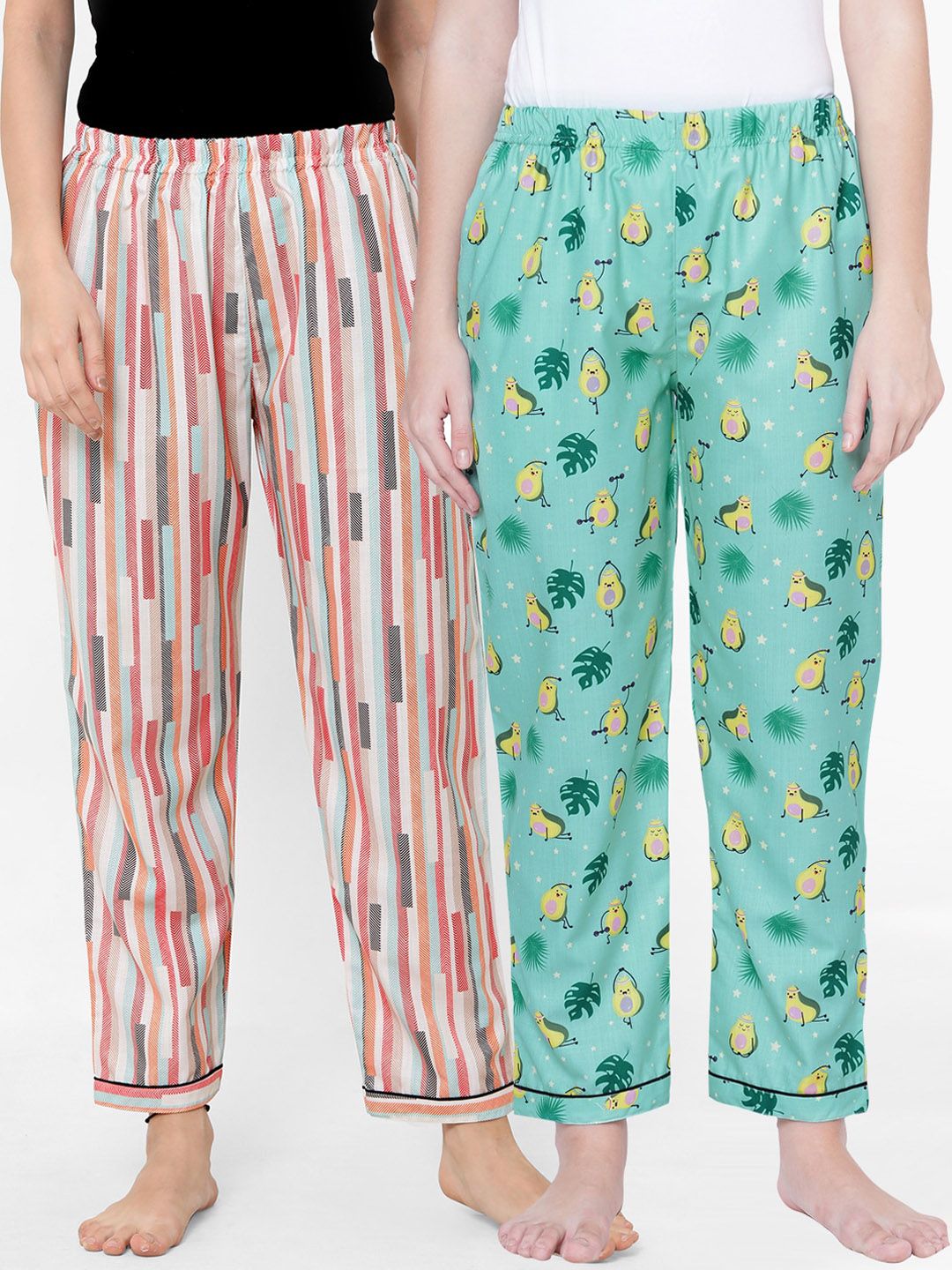 FashionRack Women Green & Multicolored Pack of 2 Cotton Printed Pyjamas Price in India