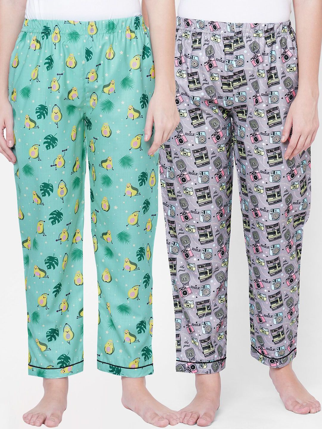 FashionRack Women Green & Grey Pack of 2 Cotton Printed Pyjamas Price in India