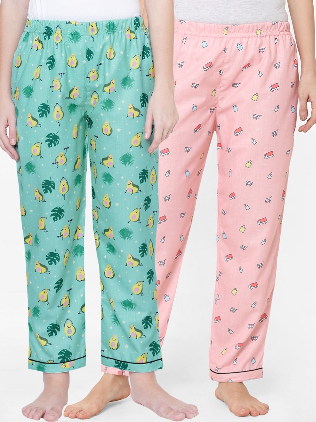 FashionRack Women Green & Pink Pack of 2 Cotton Printed Pyjamas Price in India