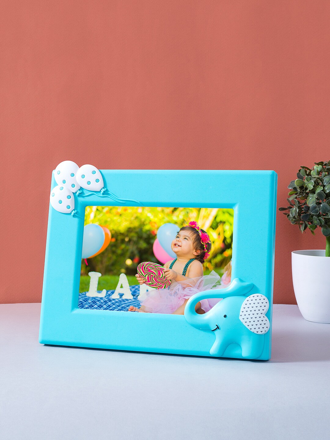 Golden Peacock Blue Solid Cute Baby Elephant Horizontal Table-Top Photo Frame Price in India