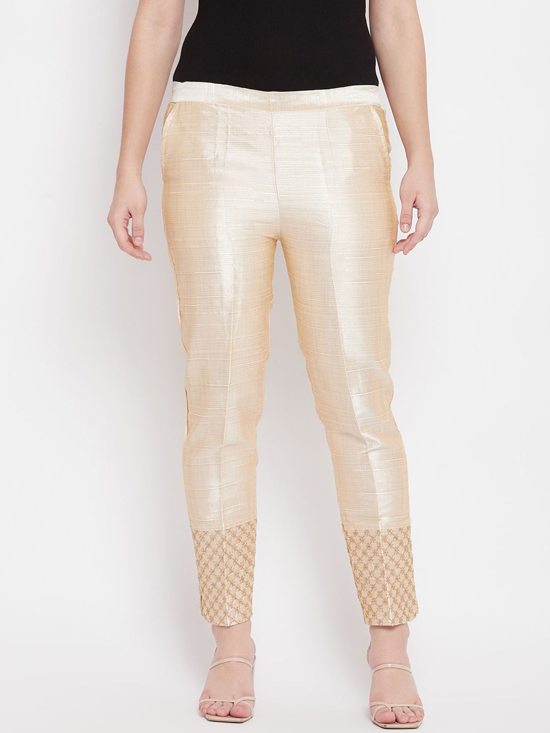 Clora Creation Women Beige Textured Easy Wash Trousers Price in India