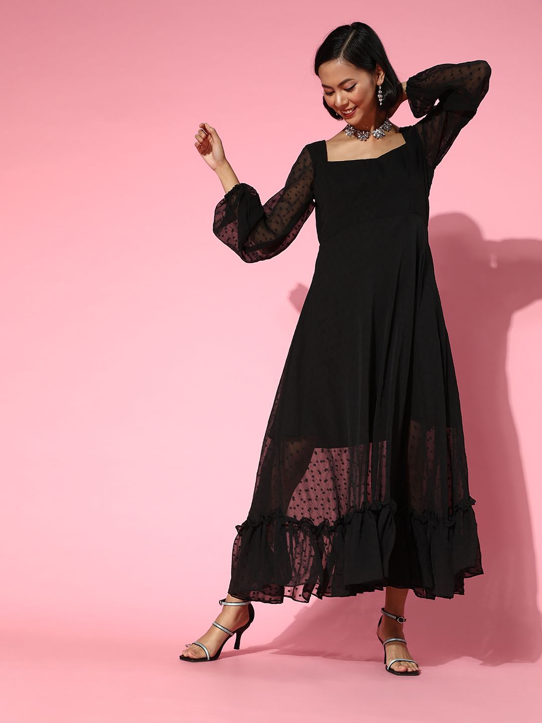 Inddus Women Stylish Black Self-Design Dobby Weave Dress Price in India