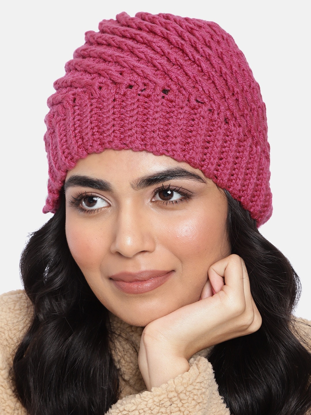 Magic Needles Women Pink Woollen Diagonal Crochet Beanie Price in India