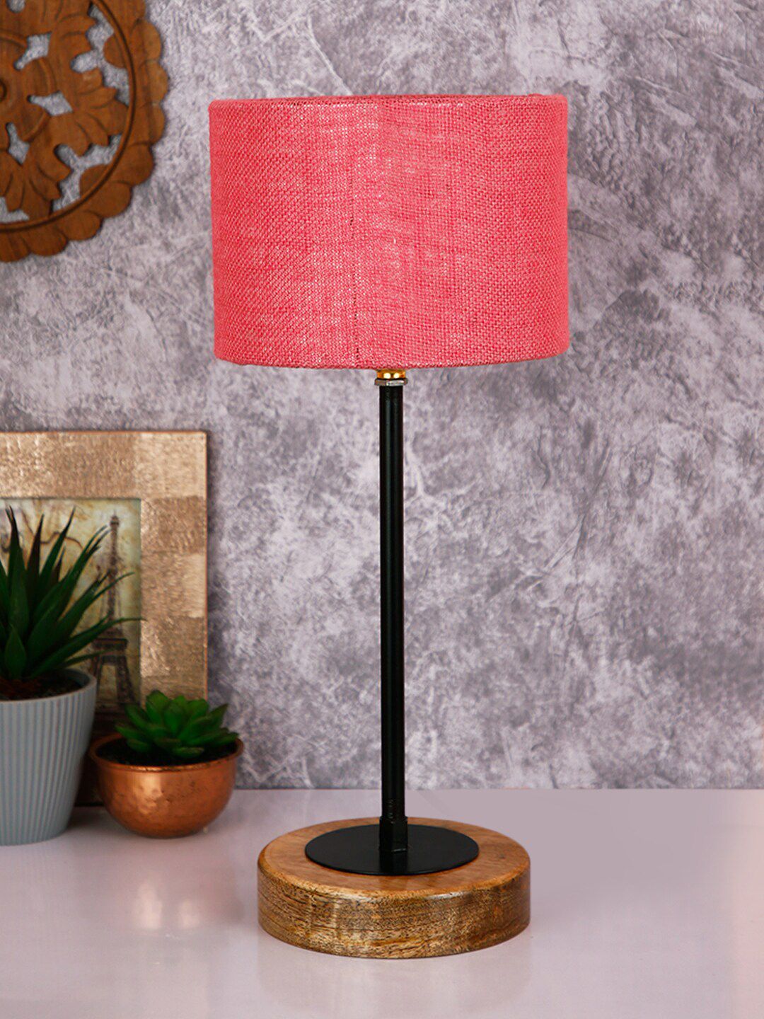 Devansh Drum Pink Jute Shade Table Lamp with Wood Base Price in India