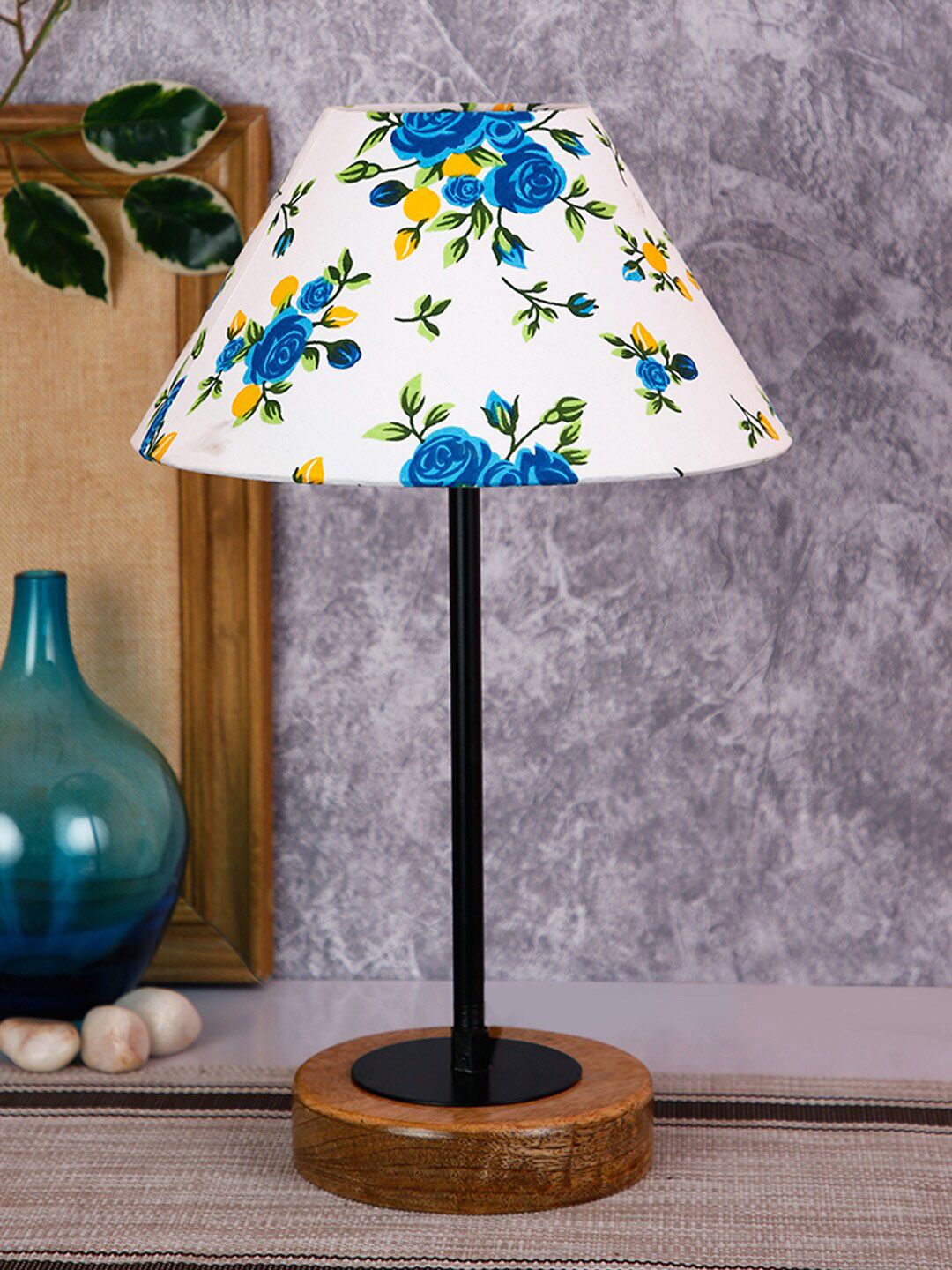 Devansh Conical Multicolor Cotton Shade Table Lamp with Wood Base Price in India