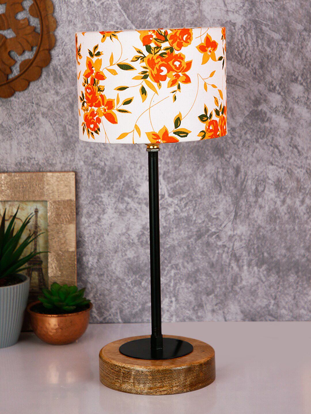Devansh White Floral Printed Cotton Shade Table Lamp with Wood Base Price in India