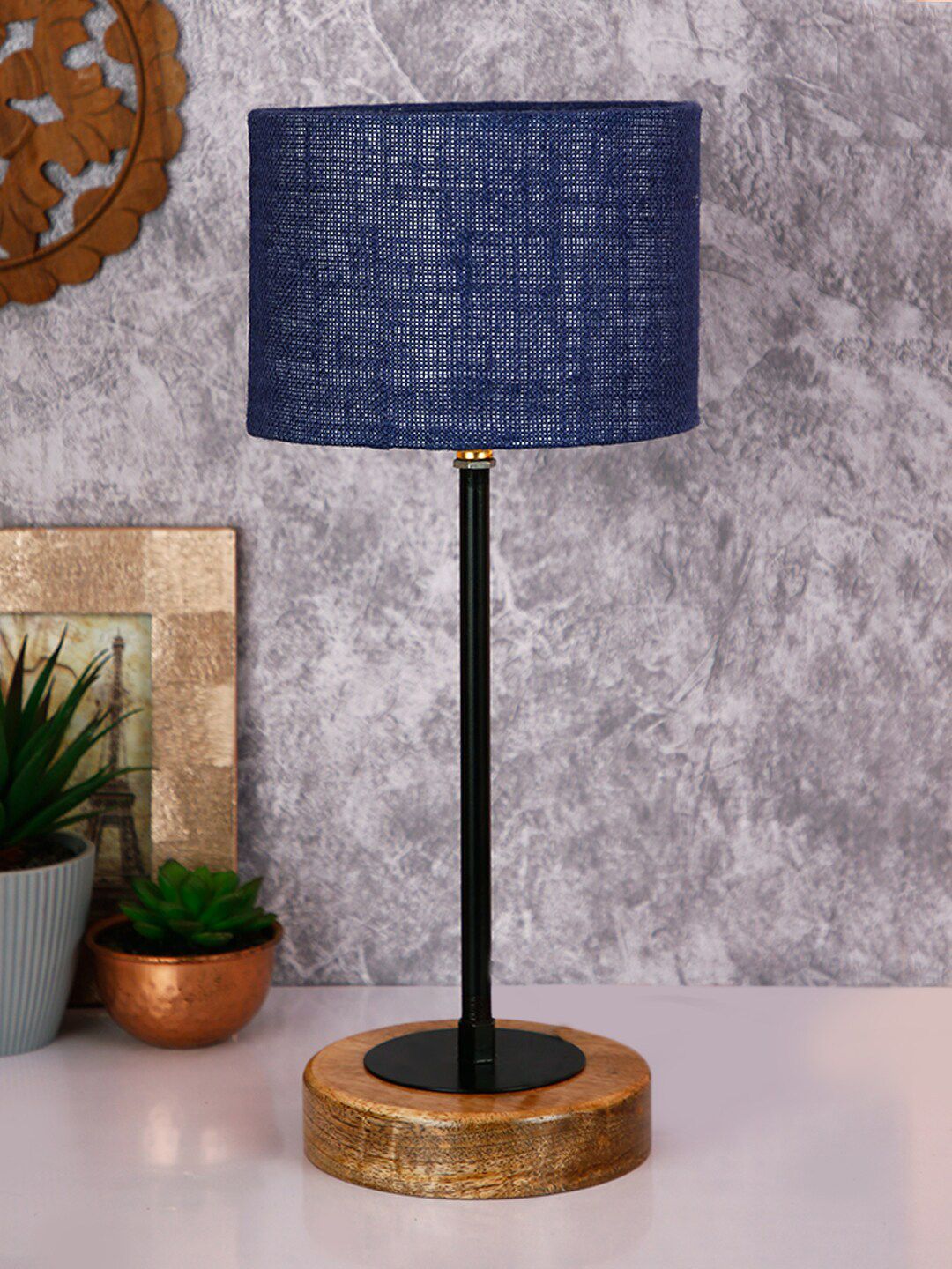 Devansh Blue Jute Shade Table Lamp with Wood Base Price in India