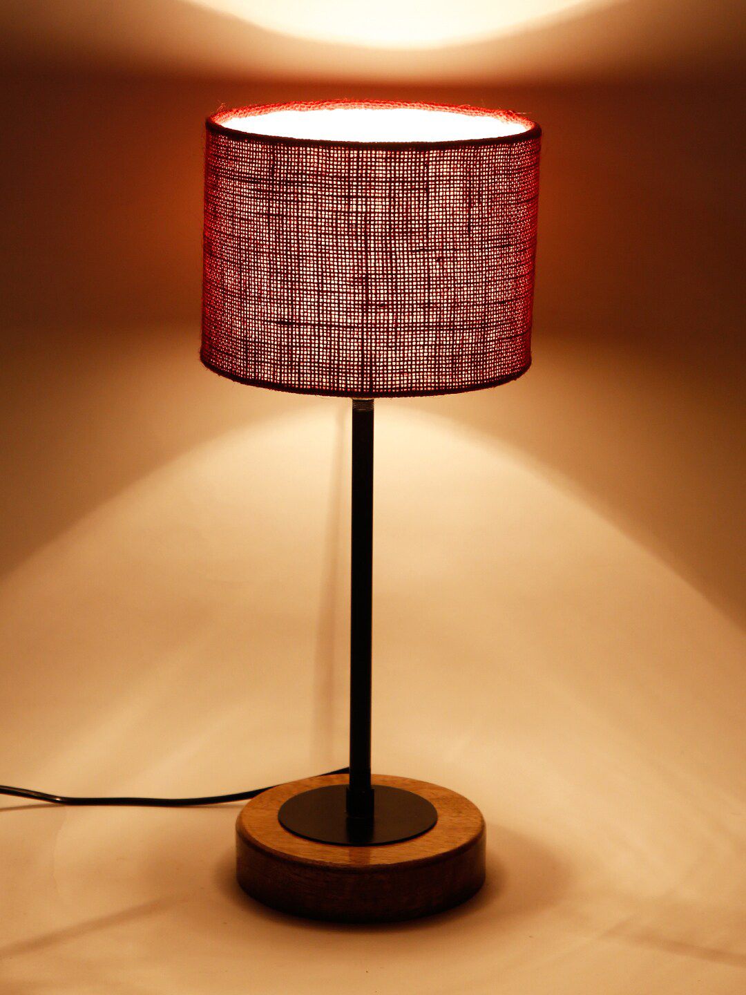 Devansh Drum Maroon Jute Shade Table Lamp with Wood Base Price in India