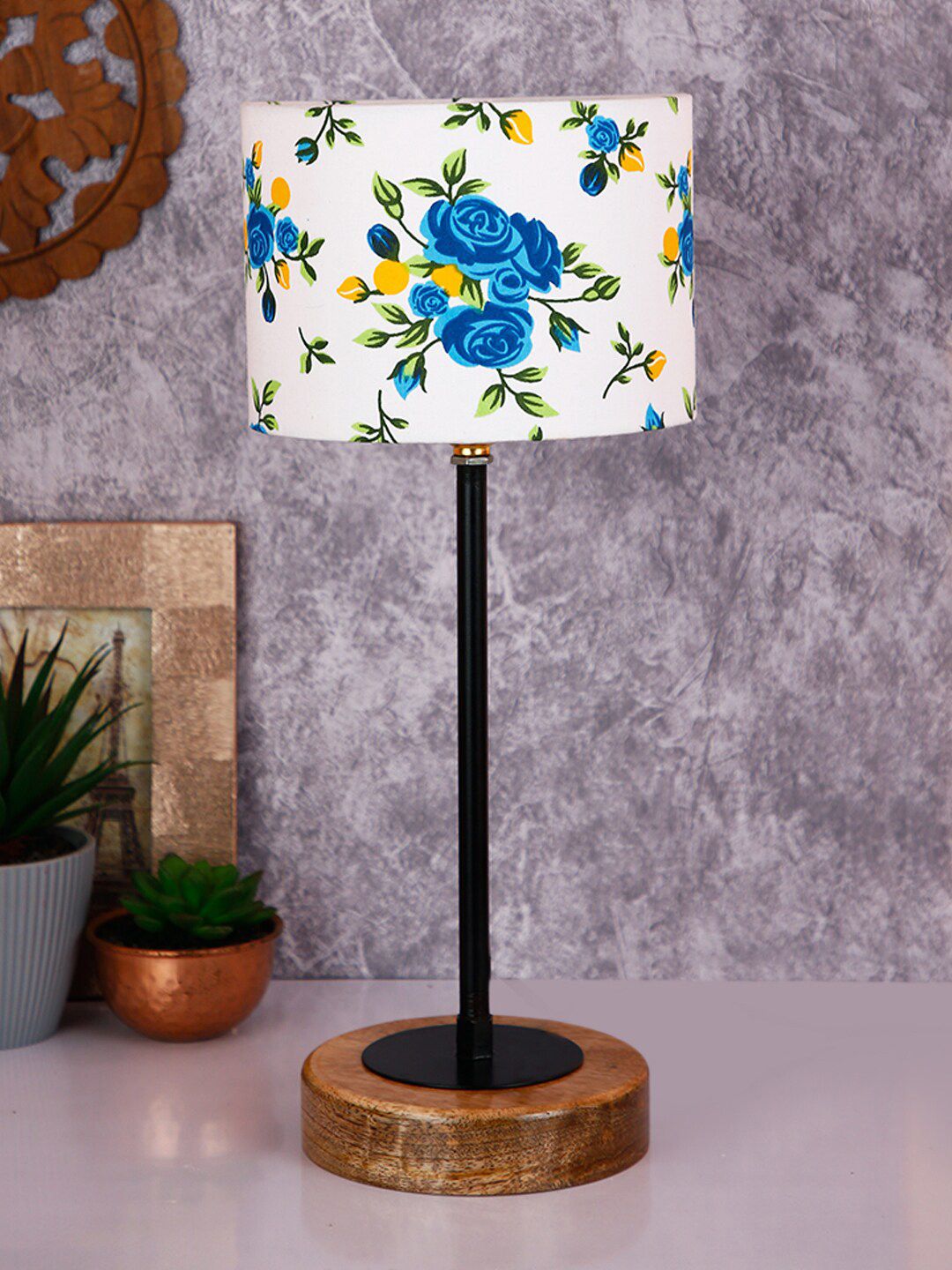 Devansh Multicoloured Floral Cotton Shade Table Lamp with Wood Base Price in India