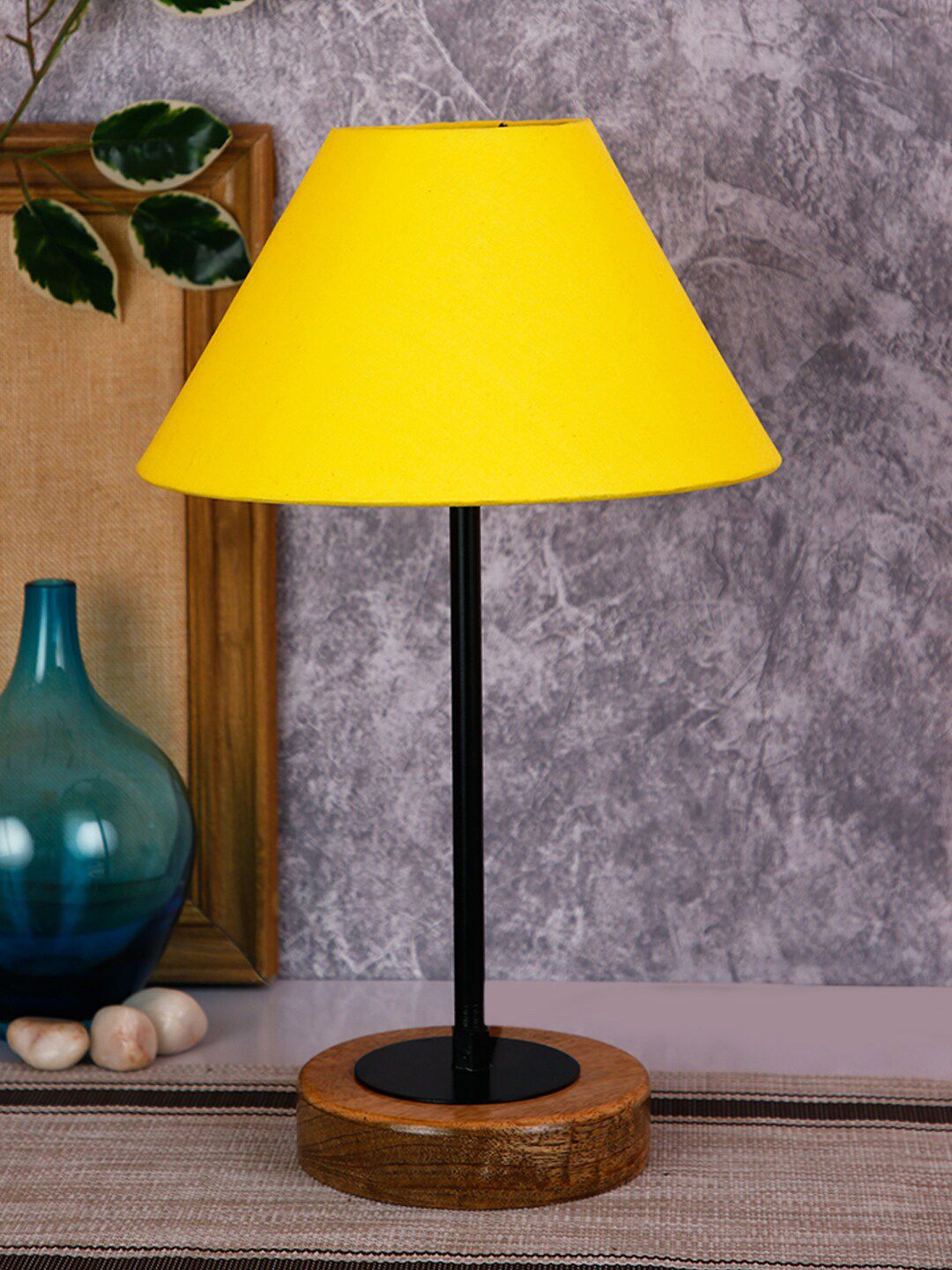 Devansh Yellow Conical Cotton Shade Table Lamp with Wood Base Price in India
