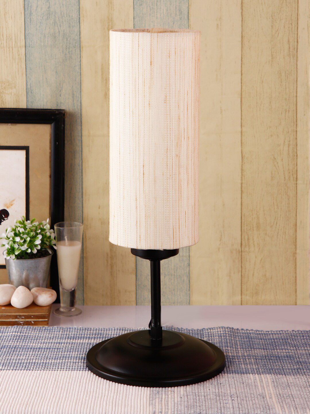 Devansh Off-White Cylindrical Cotton Shade Table Lamp Price in India